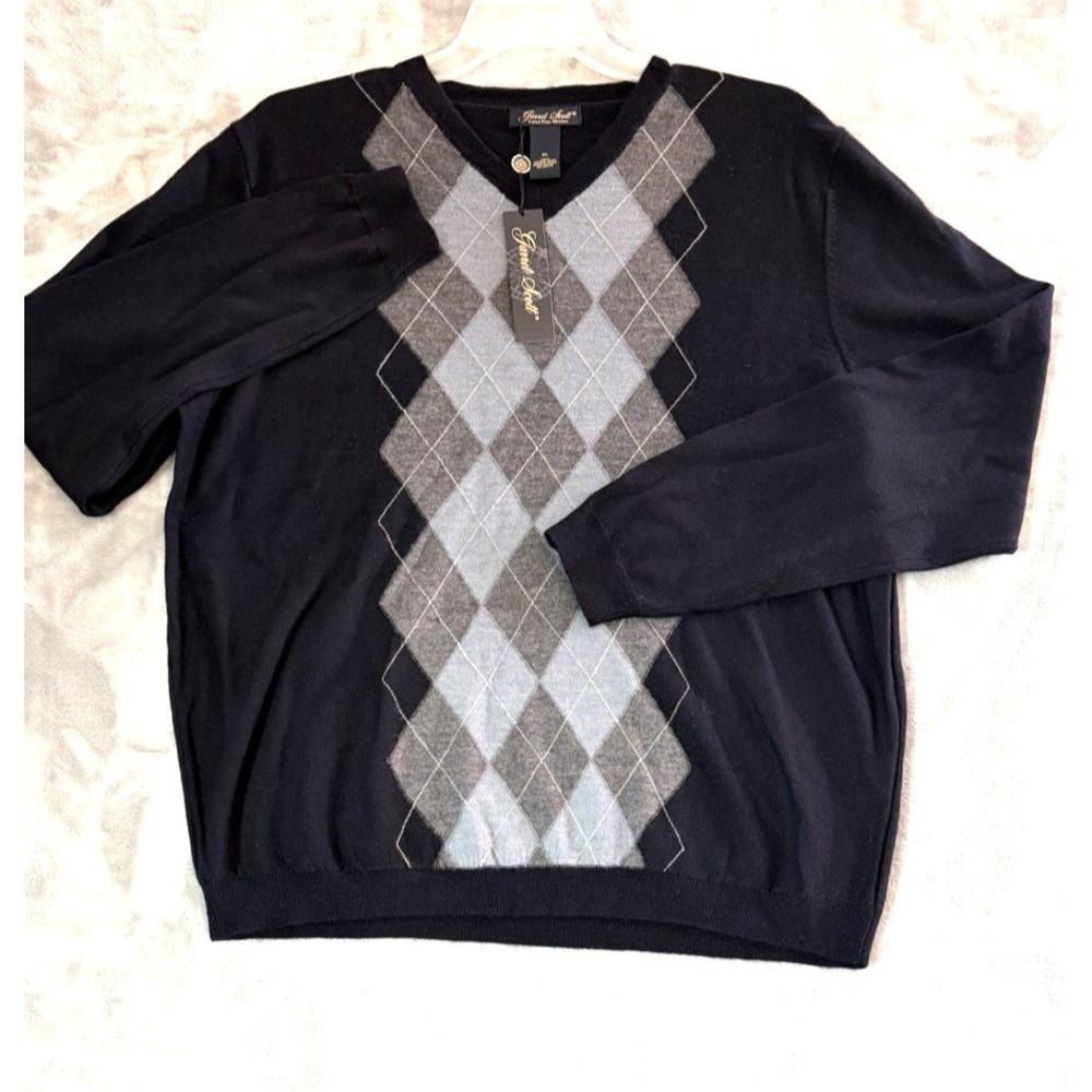 Garret Scott 100% Extra Fine Merino Wool Sweater Mens XL Navy Blue Argyle Front